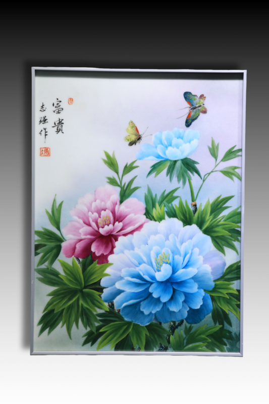 Porcelain Panel Painting, Hand Painted Porcelain Panel, Chinese Peony Painting, 富贵, “Prosperity”, Light Grey Background, Overglaze
