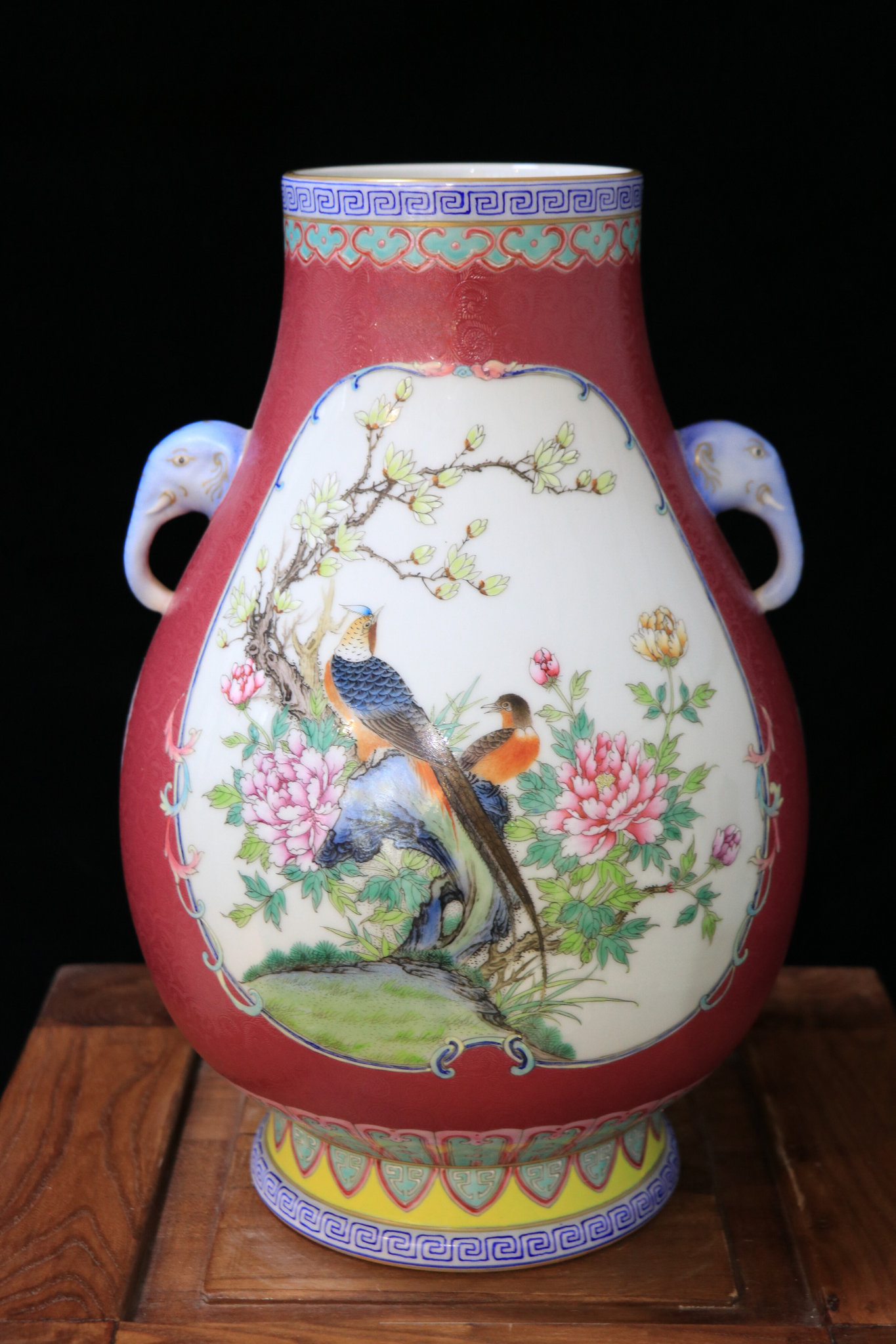 Porcelain Vase, Hand-Painted Vase, Double-Sided Vase, Elephant Head Rings,Chinese Flower and Bird Painting, Fencai, Famille Rose