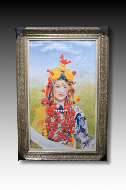 Porcelain Panel Painting, Hand Painted Porcelain Panel, A Tibetan Girl Presents Hada, 高原的祝福, Blessings from Tibetan Plateau, Underglaze