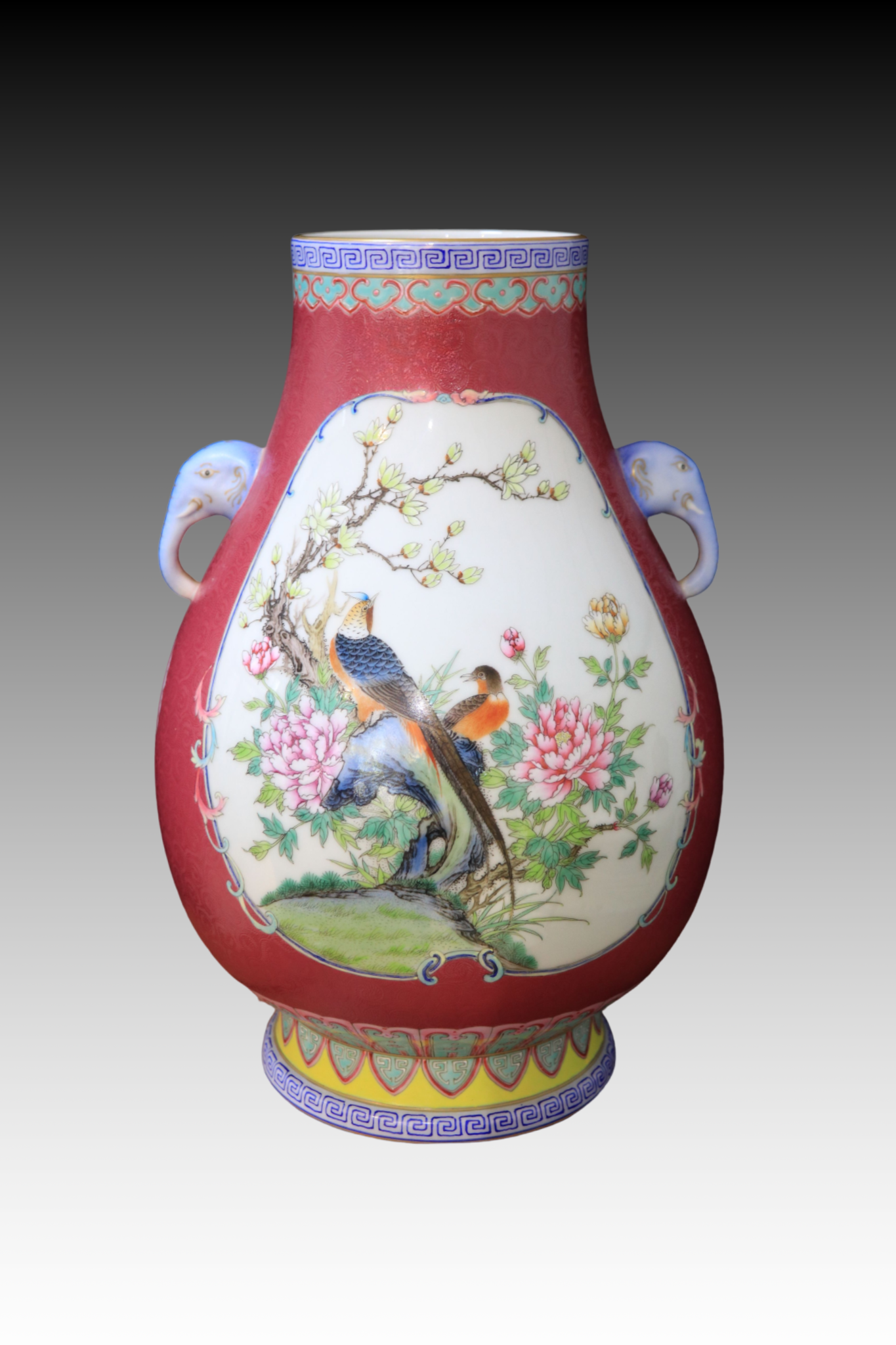 Porcelain Vase, Hand-Painted Vase, Double-Sided Vase, Elephant Head Rings,Chinese Flower and Bird Painting, Fencai, Famille Rose
