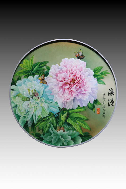 Porcelain Panel Painting, Hand Painted Porcelain Panel, Chinese Peony Painting, 浪漫, “Romance”, Light Green and Brown Background, Overglaze