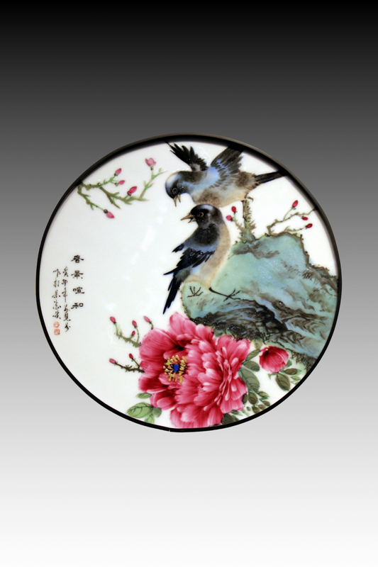 Porcelain Panel Painting, Round Decorative Painting, Birds and Flowers, Finger-painted Peony