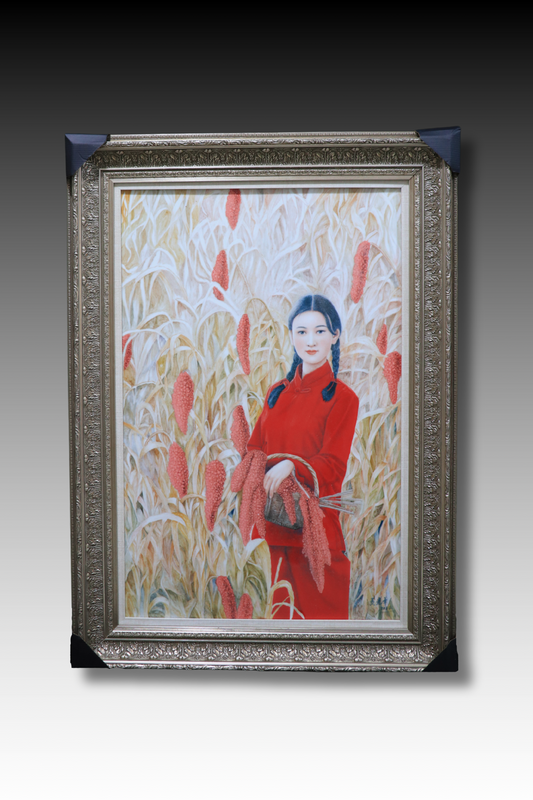 Porcelain Panel Painting, Hand Painted Porcelain Panel, A Girl in Sorghum Field, 高粱熟了, Sorghum Harvest, Underglaze