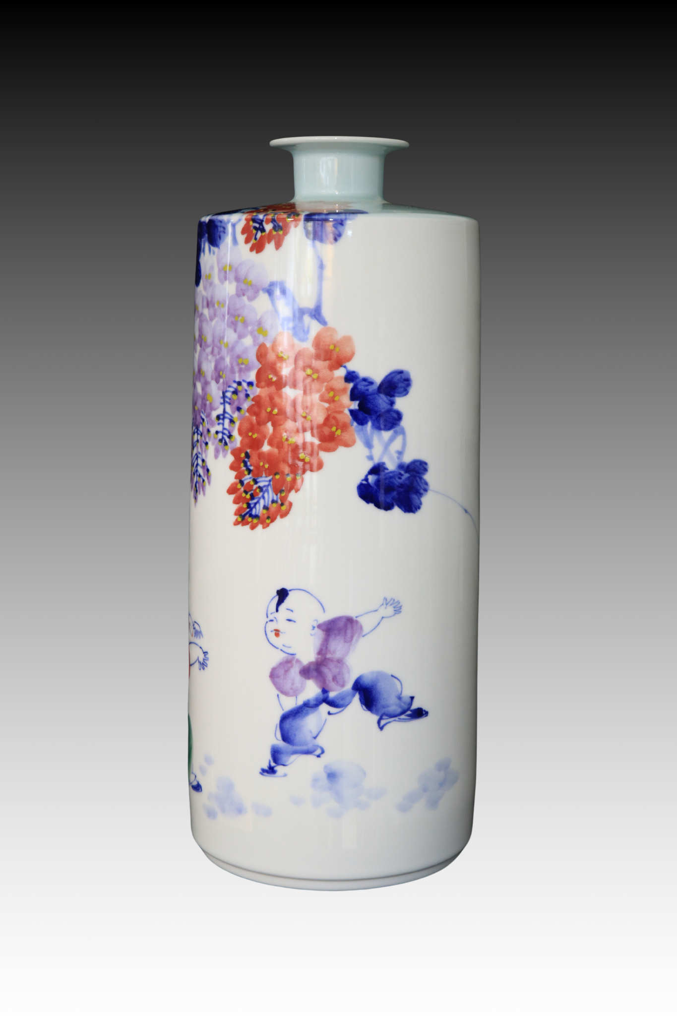 Porcelain Vase, Hand-Painted Vase, Kids Under A Wisteria Tree, Blue and White (Qinghua)