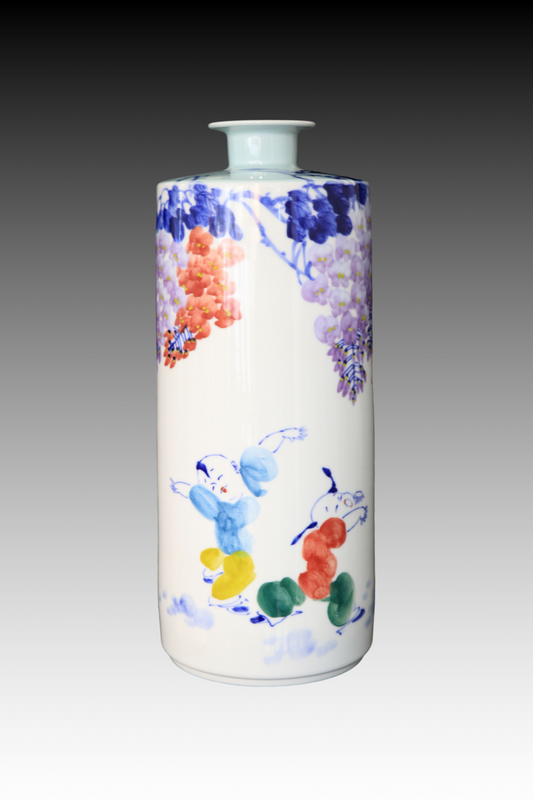 Porcelain Vase, Hand-Painted Vase, Kids Under A Wisteria Tree, Blue and White (Qinghua)