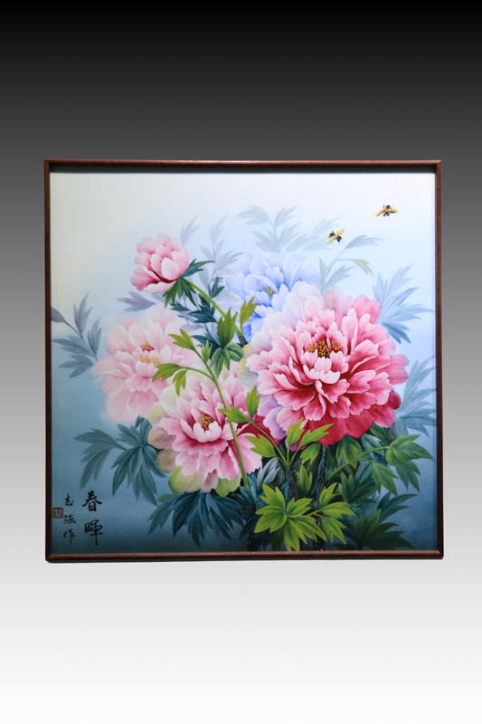 Porcelain Panel Painting, Hand Painted Porcelain Panel, Chinese Peony Painting, 春晖, “Beauty of Spring”, Light Purple and Grey Background, Overglaze