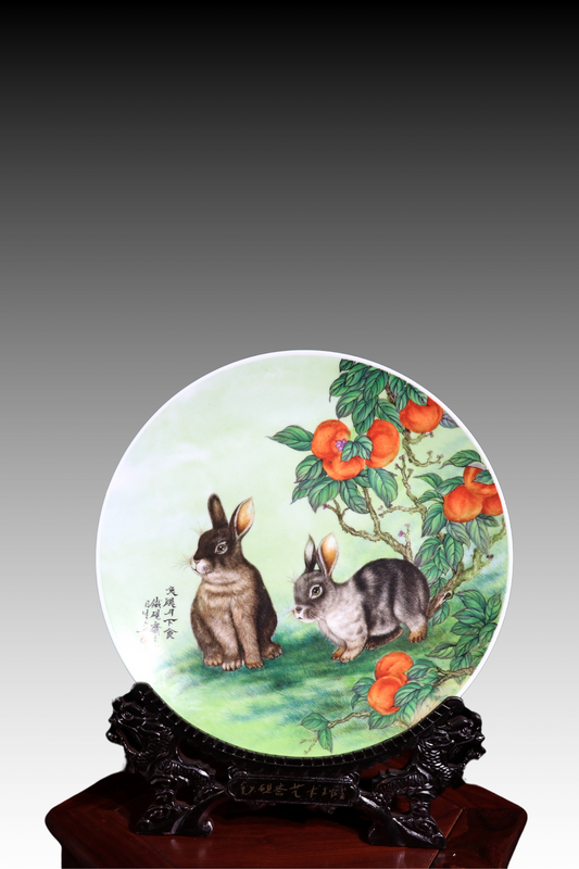 Porcelain Plate, Hand-Painted Plate, Rabbits Under Persimmon Tree, 兔隱月下食 I, Fencai, Famille rose