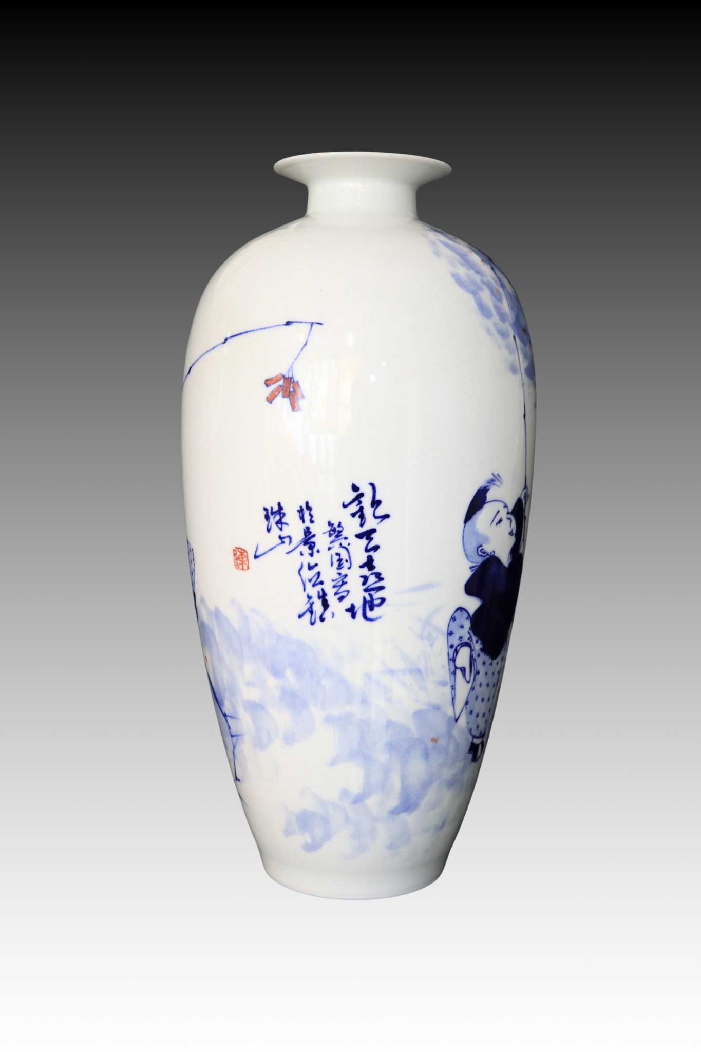 Porcelain Vase, Blue and White Porcelain, A Happy Moment of Childhood, Qinghua Porcelain